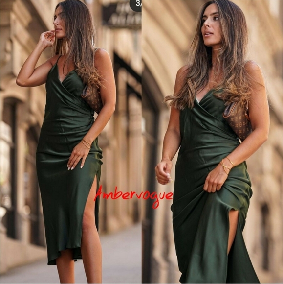Zara * Satin Effect Slip Green Draped lingerie style dress - Picture 8 of 16